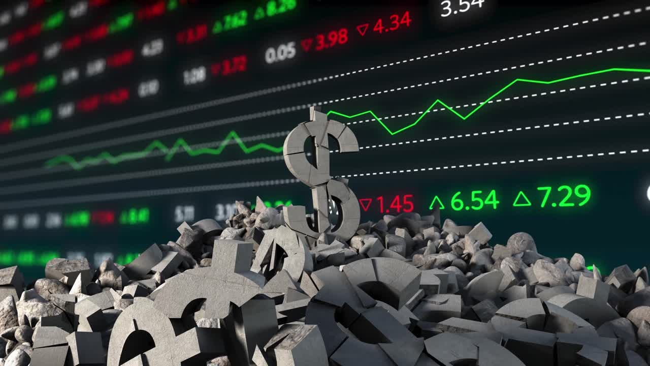 검은색 배경에 데이터 처리를 통해 달러 기호의 애니메이션