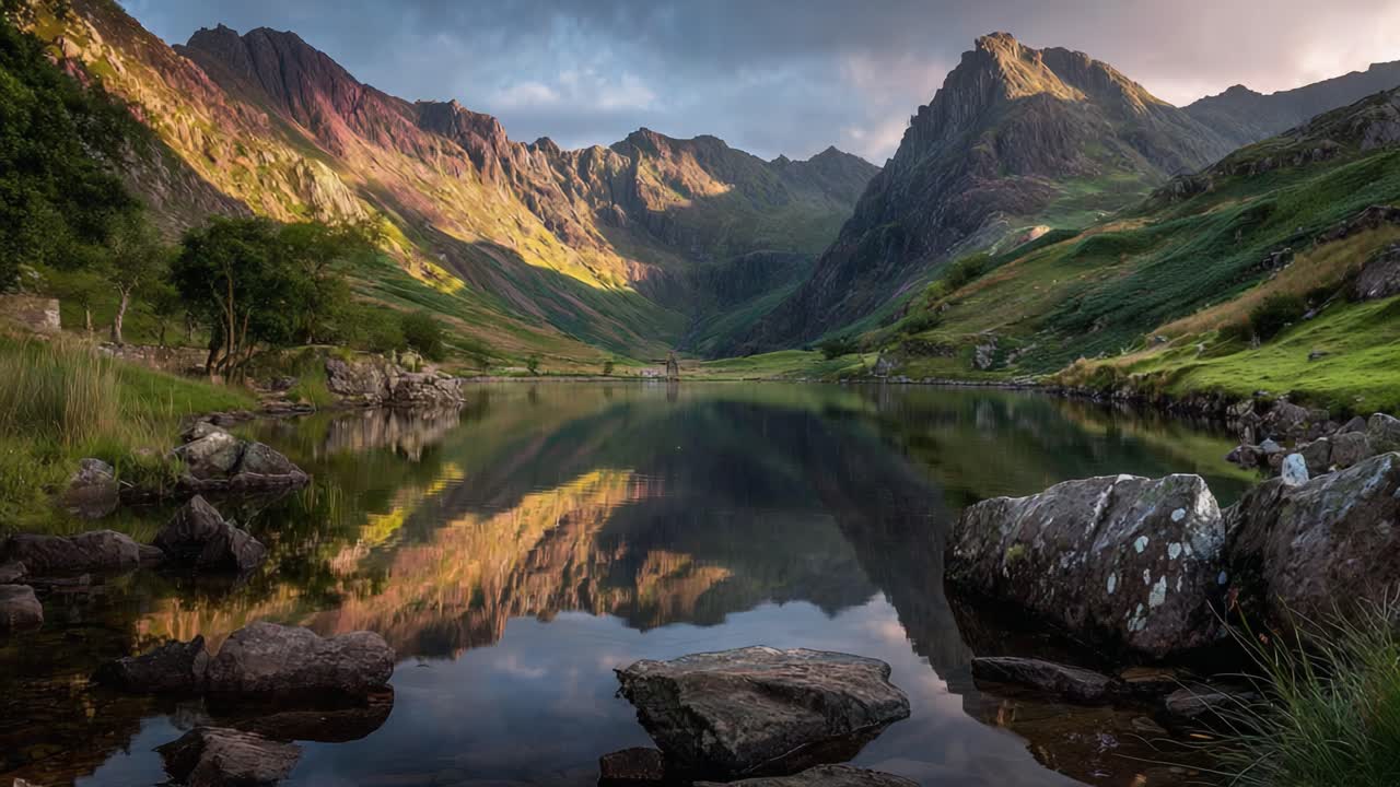 A Stunning Mountain Landscape Reflecting in the Tranquil Waters of a Serene Lake, Showcasing Nature's Beauty in the Early Morning Light