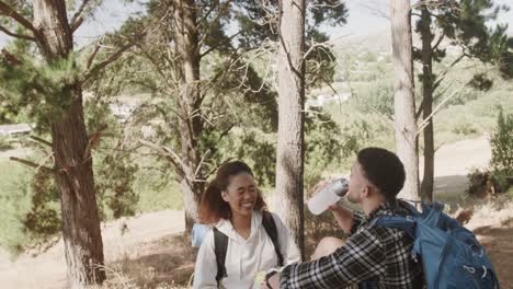 Happy-african-american-couple-sitting-on-tree-trunk-and-drinking-water-in-forest,-slow-motion