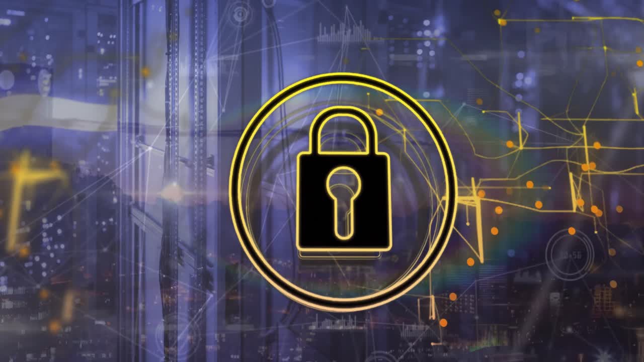 icono de candado, red brillante y procesamiento de datos a través de servidores informáticos