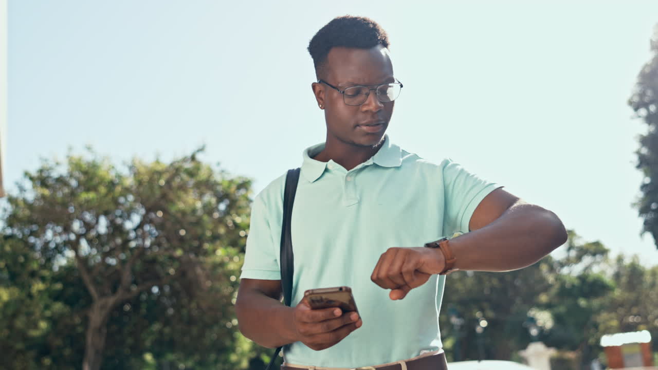 Phone, time and business black man in city waiting