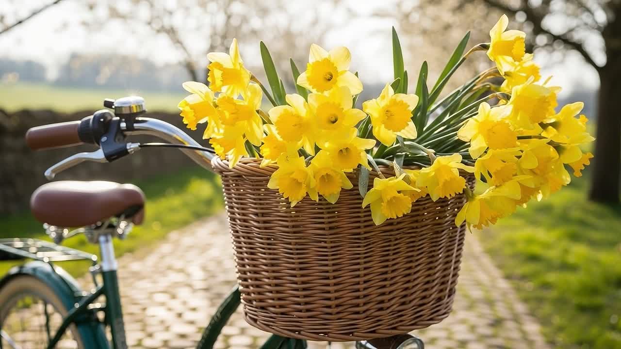 A Beautiful Spring Scene Featuring a Bicycle with a Woven Basket Adorned with Bright Yellow Daffodils Near a Serene Cobblestone Pathway