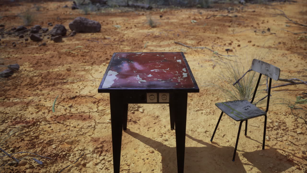 A solitary table and a weathered chair stand in a barren sunlit desert