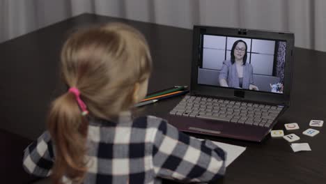 children distance education on laptop. online lesson at home with woman teacher