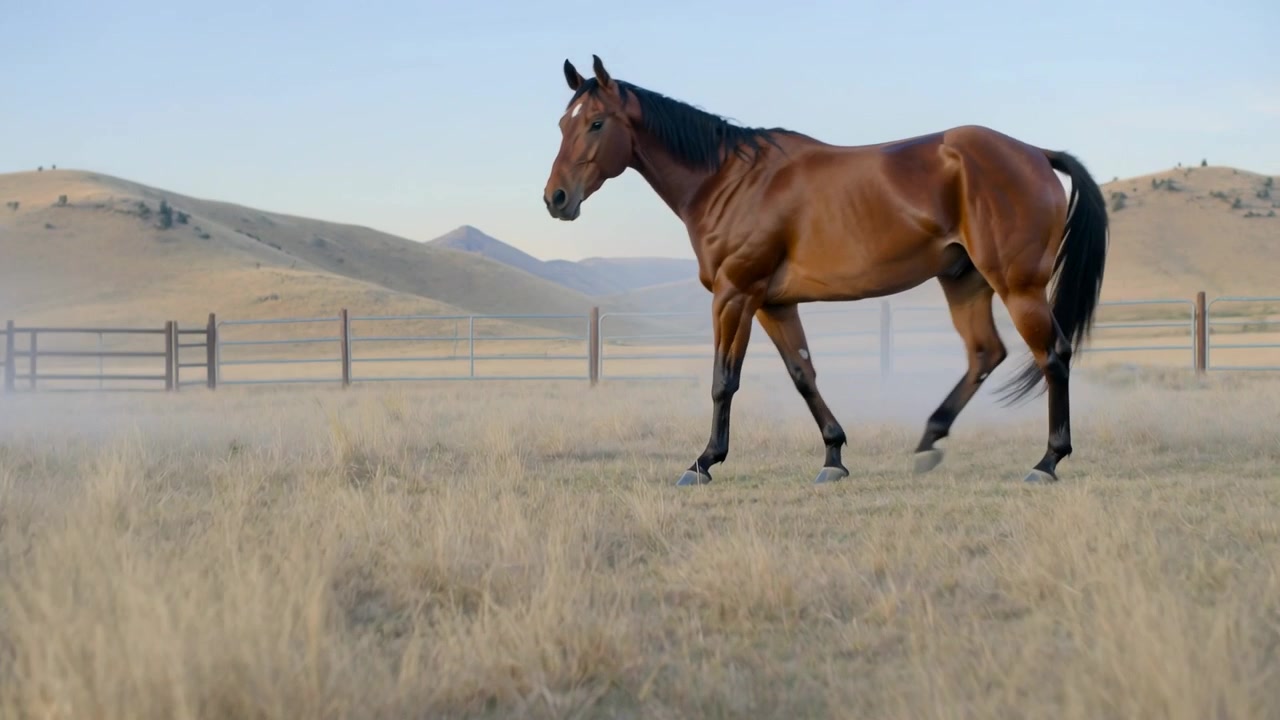 Cavalo baio entrando, agitando a névoa baixa enquanto caminha para a esquerda pelo pasto, com postes de cerca em direção à câmera.