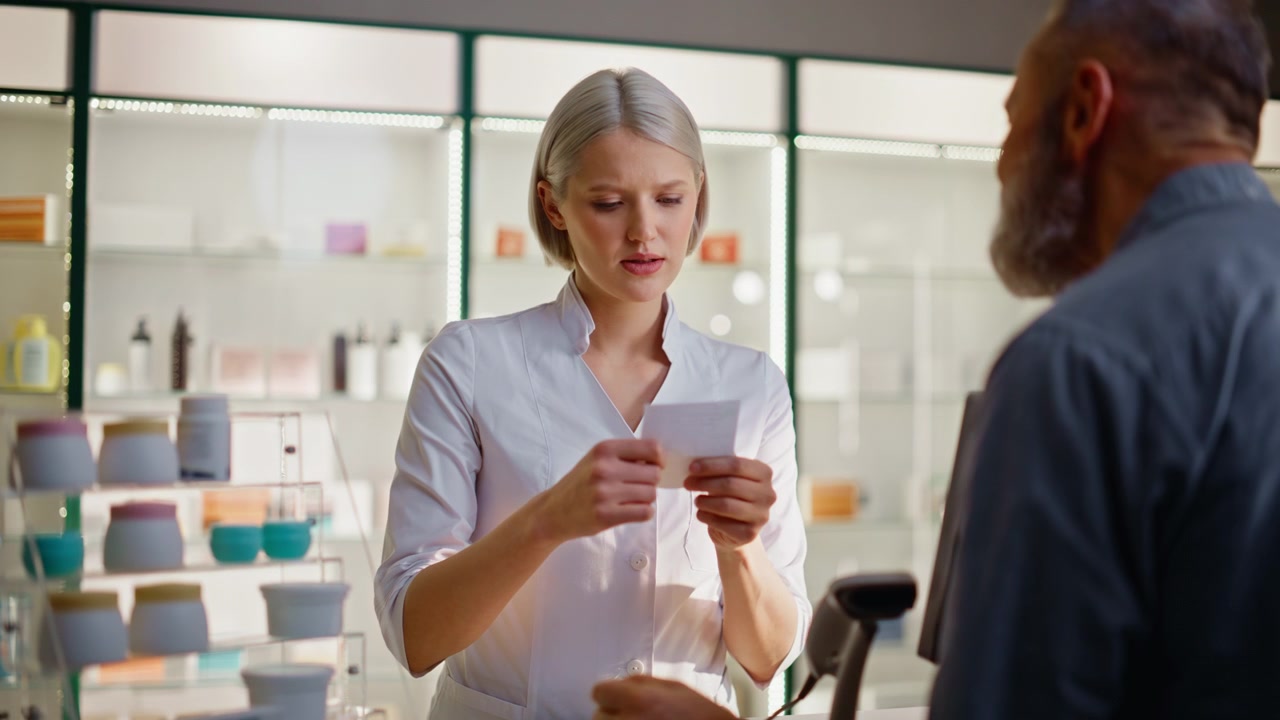 Farmacêutica em Pé no Caixa Atendendo Cliente com Receita em Ambiente Interno, Close-up