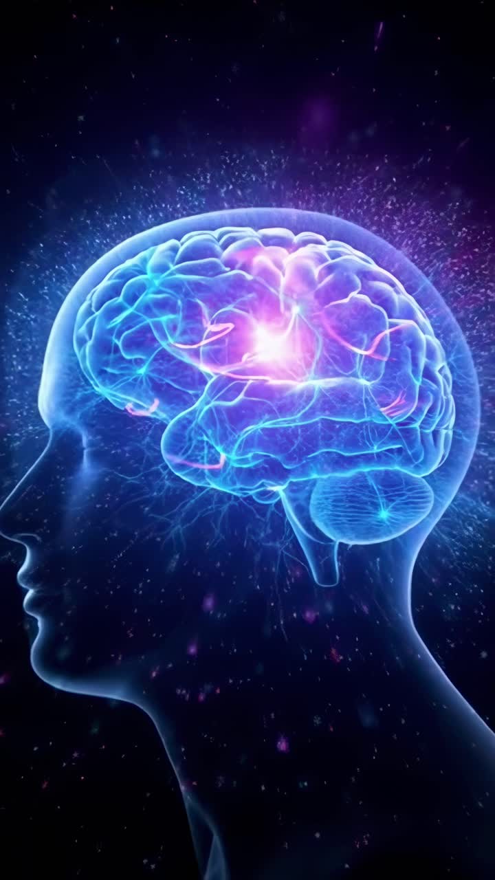 Side view of a glowing brain in a digital style, ideal for a futuristic video concept