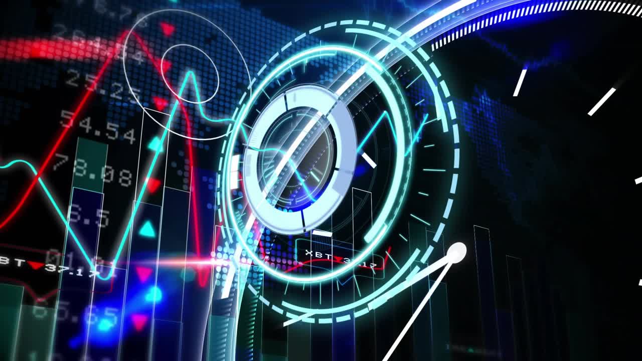 On data pulse HUD turning rings glowing, white hands stepping, graphs pulsing showing market trends