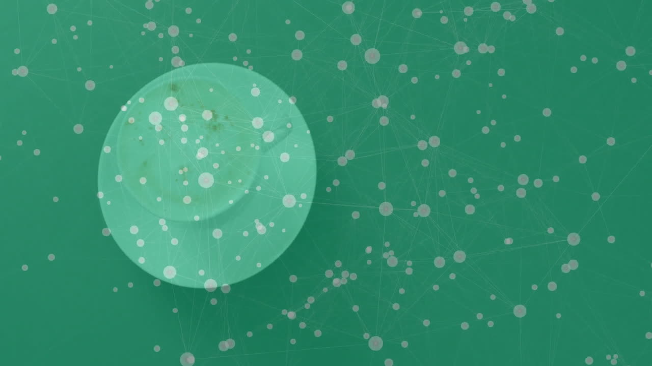 Abstract network showing large translucent circle with transparent nodes linking lines, flat design