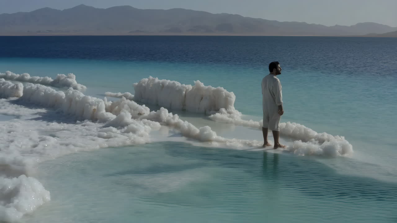 Uomo in piedi in un suggestivo paesaggio di lago salato