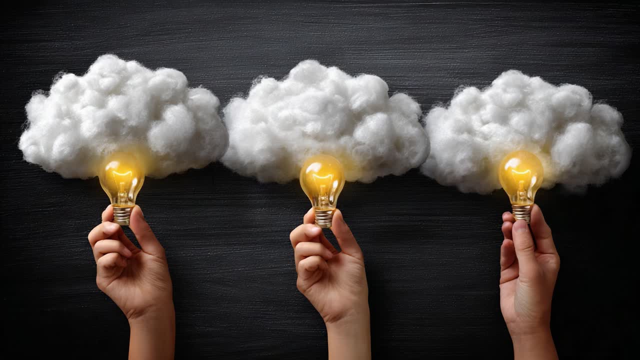 Three Hands Holding Light Bulbs Emerging from Soft Clouds, Representing Creative Ideas and Innovation in a Dreamy Conceptual Art Style for Modern Thinking