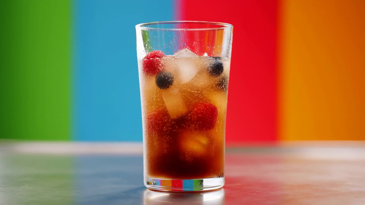 Mocktail di frutti di bosco ghiacciato in un bicchiere, sfondo a strisce colorate, lamponi e mirtilli con cubetti di ghiaccio.