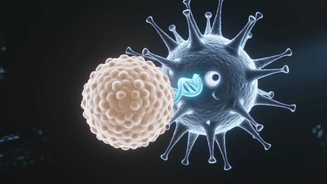 Toccando una sfera blu appuntita che inserisce un'elica ciano in una sfera beige in un fluido scuro per il trasferimento genico.