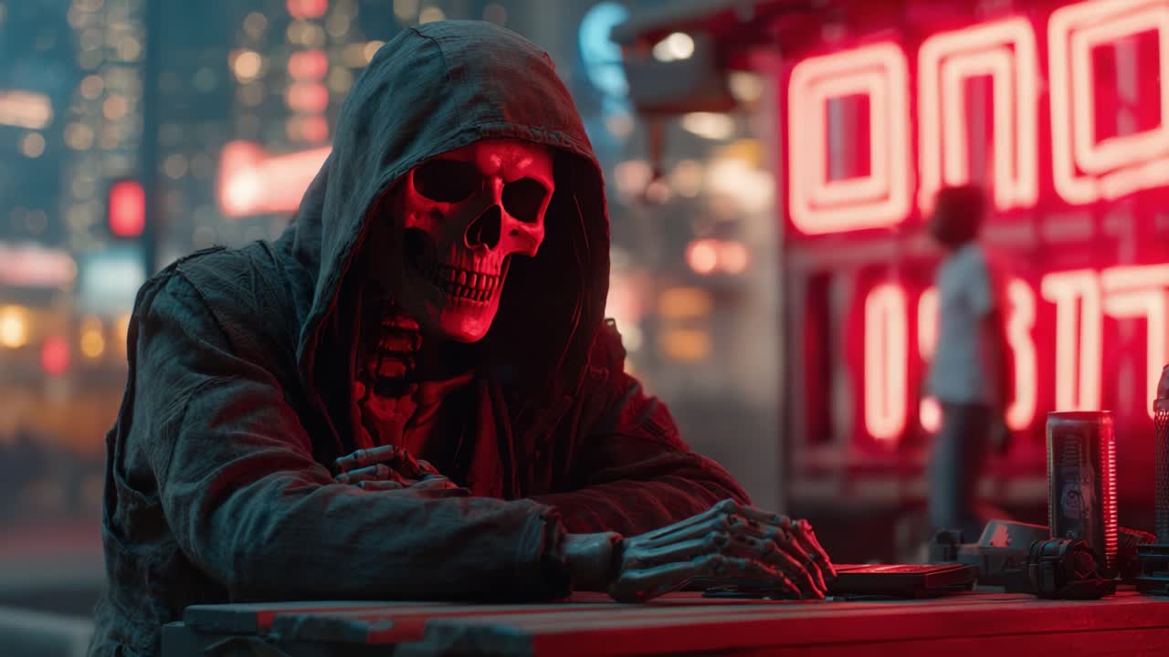 A solitary skeletal figure in a hooded cloak sits at a table against a neon-lit backdrop, evoking themes of mortality and urban nightlife in a futuristic setting