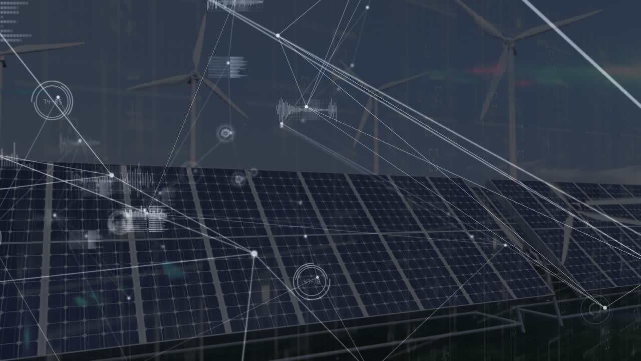 배경에서 태양 전지 패널을 통해 연결 네트워크의 애니메이션
