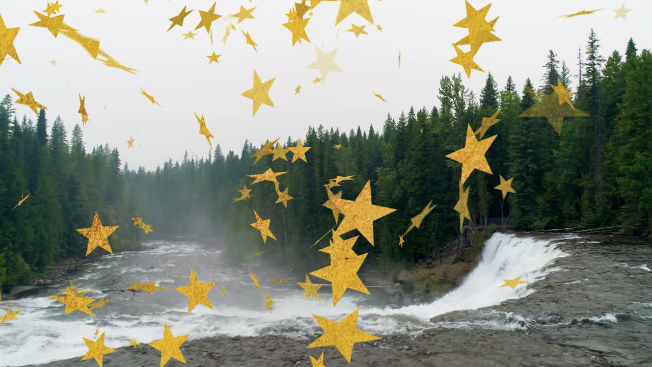 Waterfall cascading over rocky ledge in flat design, with river rapids, mist, forest, gold stars