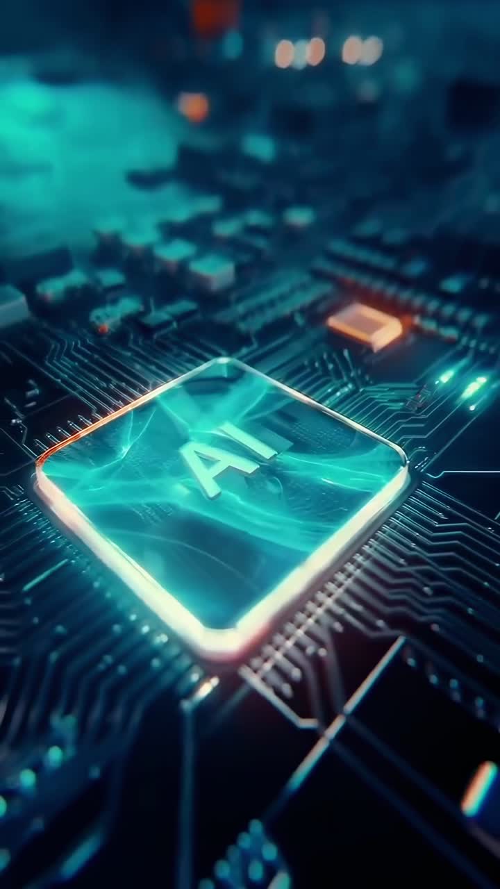 Close-up, angled view of a glowing AI chip on a circuit board, evoking a futuristic video theme