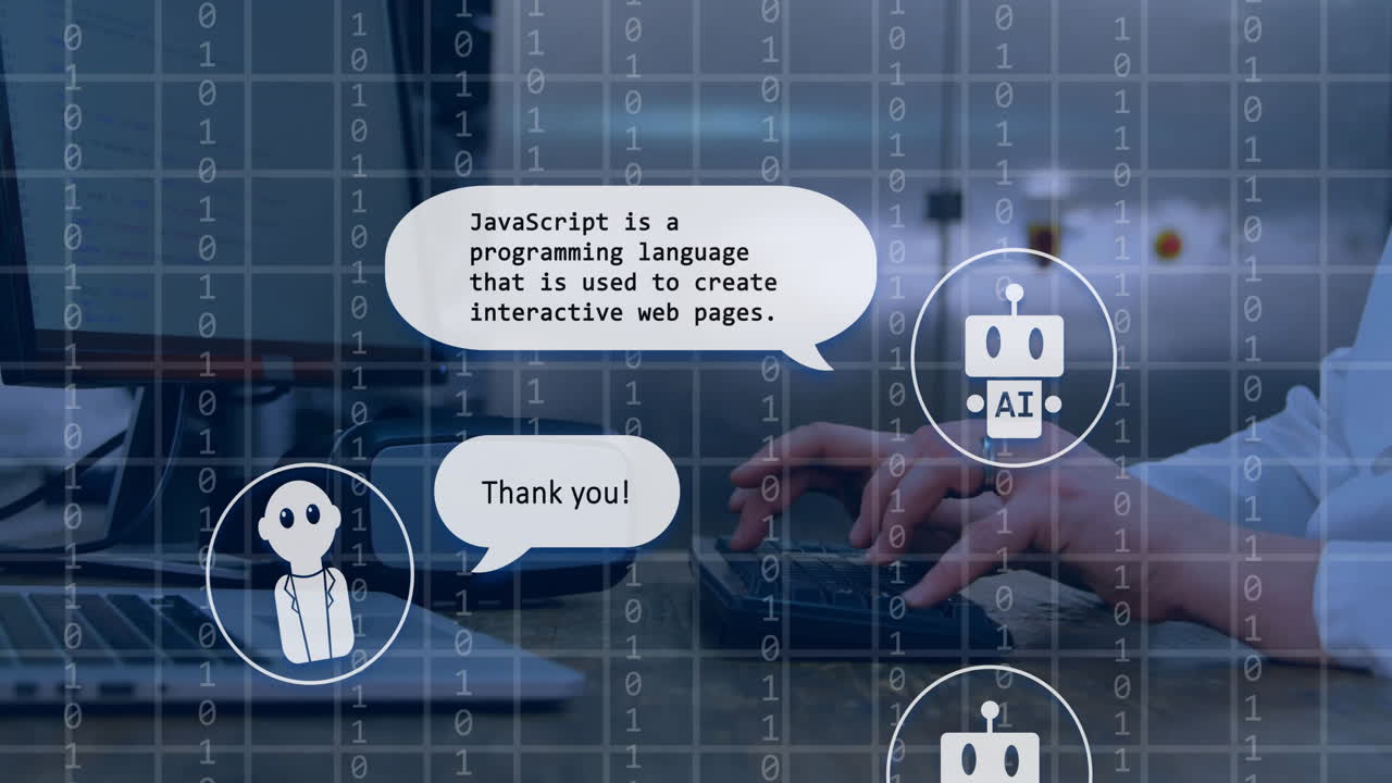 Animation of ai text, chat bot and data processing over caucasian woman using computer