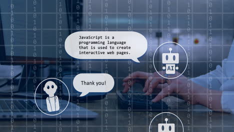 animación de texto ai, chat bot y procesamiento de datos sobre mujer caucásica usando computadora