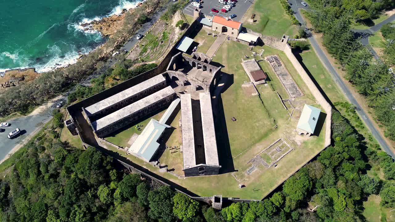 Drone aerial shot of Trial Bay Gaol Arakoon National Park Jail prison NSW travel tourism South West Rocks Kempsey NSW Australia 4K