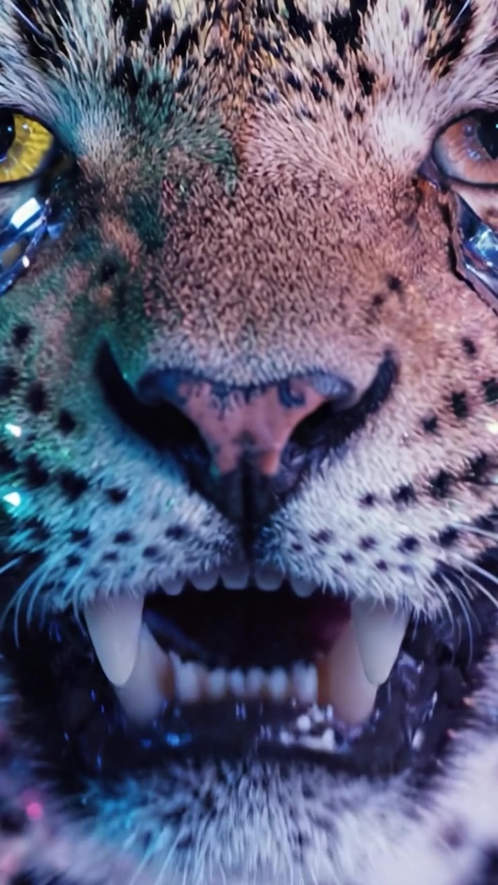 Un impresionante primer plano del rostro de un leopardo con rasgos etéreos, destacando patrones únicos y ojos impactantes en un entorno futurista y colorido.