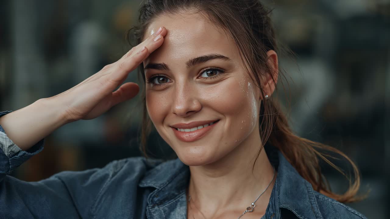 Smiling adult female posing for camera in studio, touching hair, wearing denim jacket and pendant