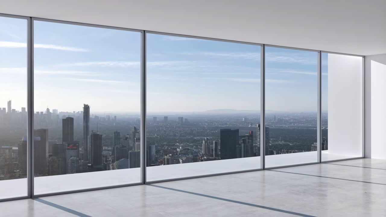 Panoramic City Skyline View from an Empty Modern High-Rise Room
