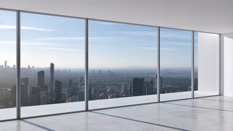 panoramic city skyline view from an empty modern high-rise room