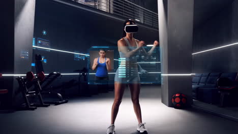 woman engaging in virtual reality fitness training in a modern gym
