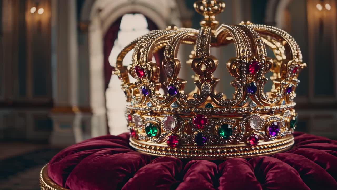 Una maestosa corona adornata di gioielli è posata su un cuscino di velluto