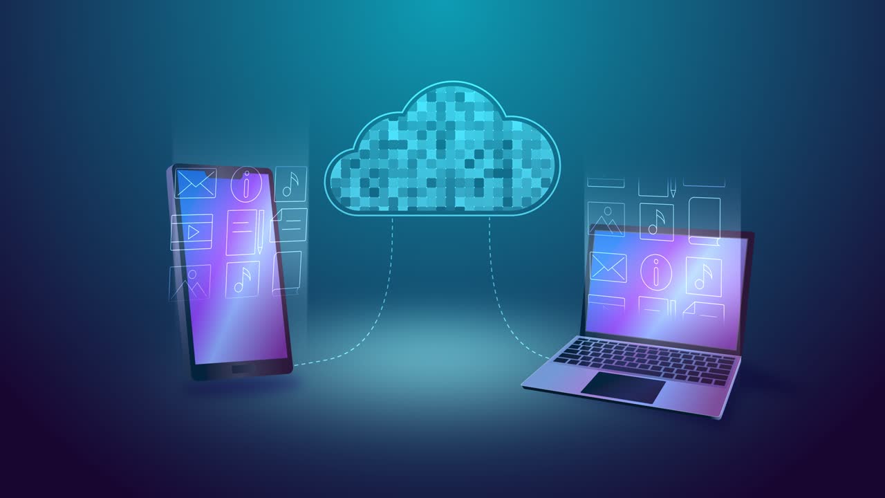 tecnología de almacenamiento en la nube. animación en bucle de almacenamiento en línea en la nube e iconos. conexión portátil y telefónica. aplicación de servicio digital de transmisión de datos a internet. tecnologías de computación de red, alojamiento