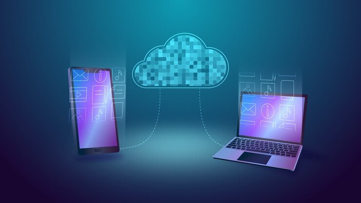 Cloud storage technology. loop animation of cloud online storage and icons. laptop and phone connection. Internet data transmission digital service application. Network computing technologies, hosting