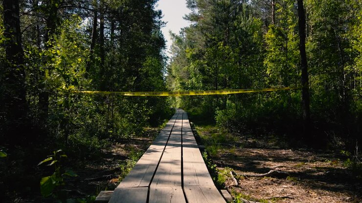 Riprese che scorrono su una passerella di legno in una zona umida paludosa e volano attraverso da sotto un nastro giallo "Scena del crimine non oltrepassare" durante una giornata di sole. Alberi e piante ai lati