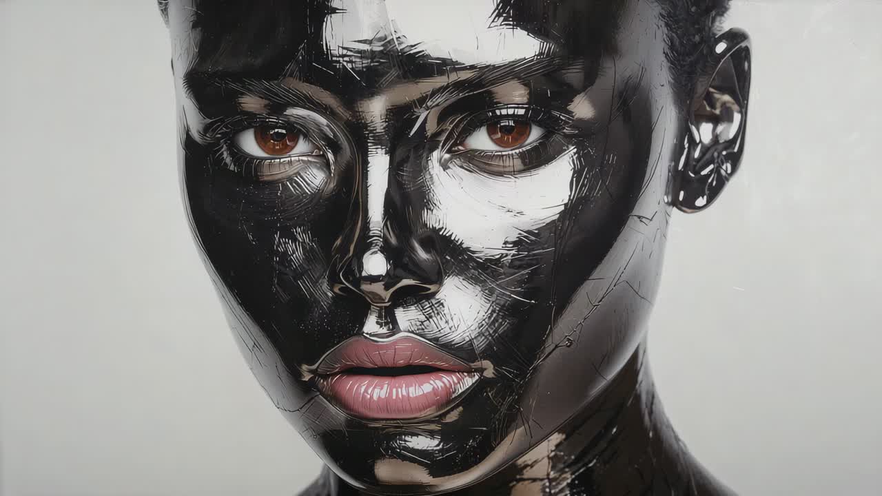 Tightening camera centering model holding gaze blinking in studio with glossy black paint for art