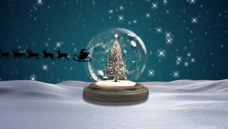 Animation-of-santa-claus-in-sleigh-with-reindeer-over-snow-globe-at-night