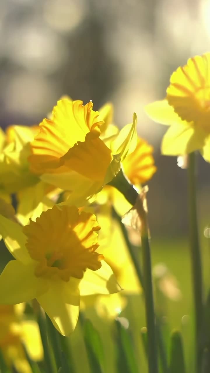 Close-up video of yellow daffodils in soft focus, captured from a low angle in warm sunlight