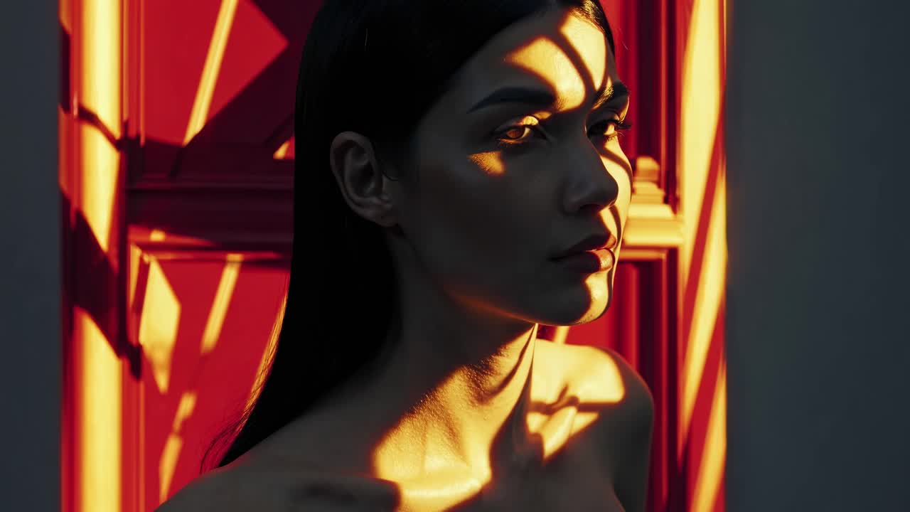 Dramatic portrait of a fashion model with long dark hair, illuminated by a warm, geometric light pattern projected onto her face and bare shoulders by a red door