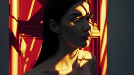 dramatic portrait of a fashion model with long dark hair, illuminated by a warm, geometric light pattern projected onto her face and bare shoulders by a red door