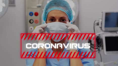 animación de la palabra coronavirus con un trabajador de la salud en el fondo