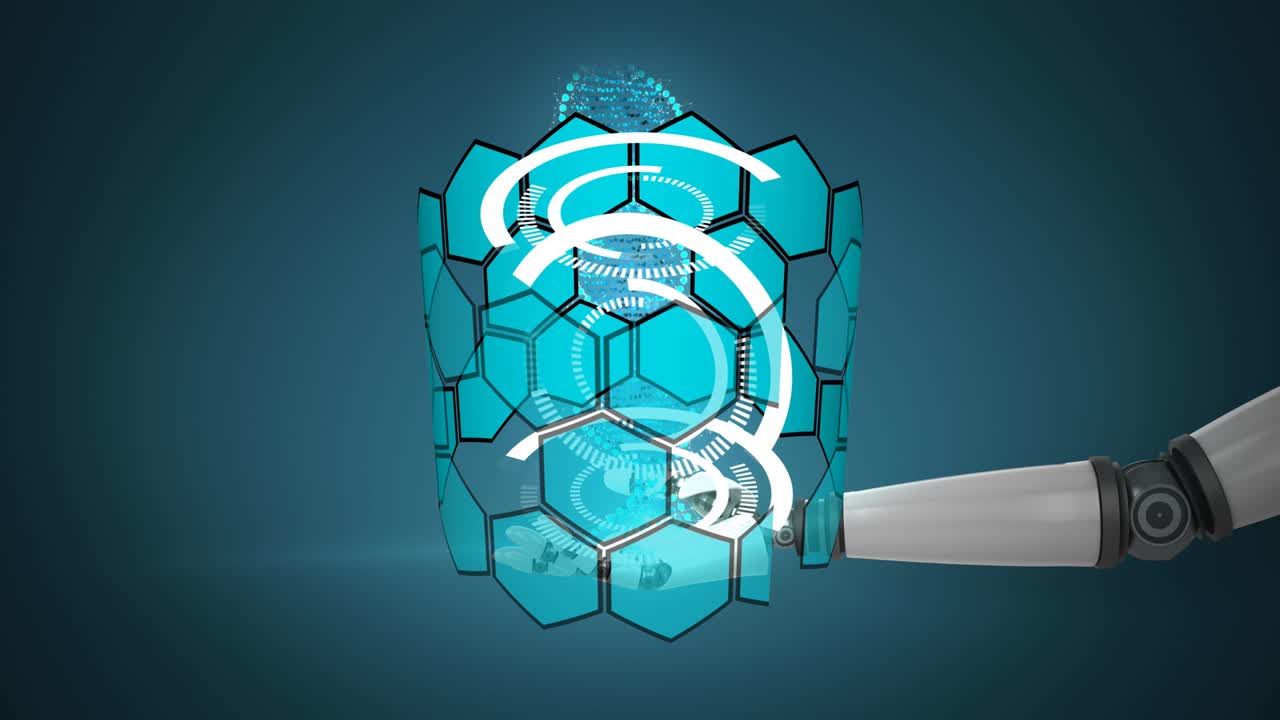 Animation of circles and dna strand spinning over robot's arm