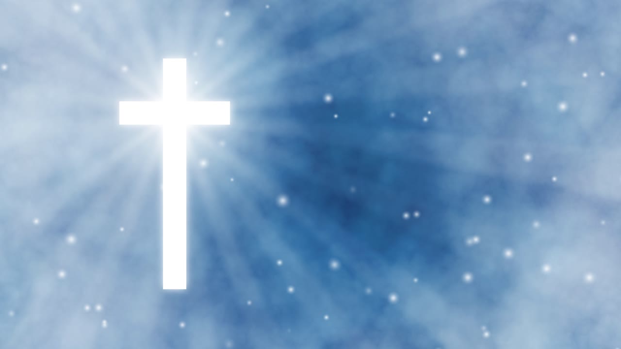 Glowing cross against blue cloudy sky, faith, hope, celestial wonder, sacred moment, loopable video background with floating particles