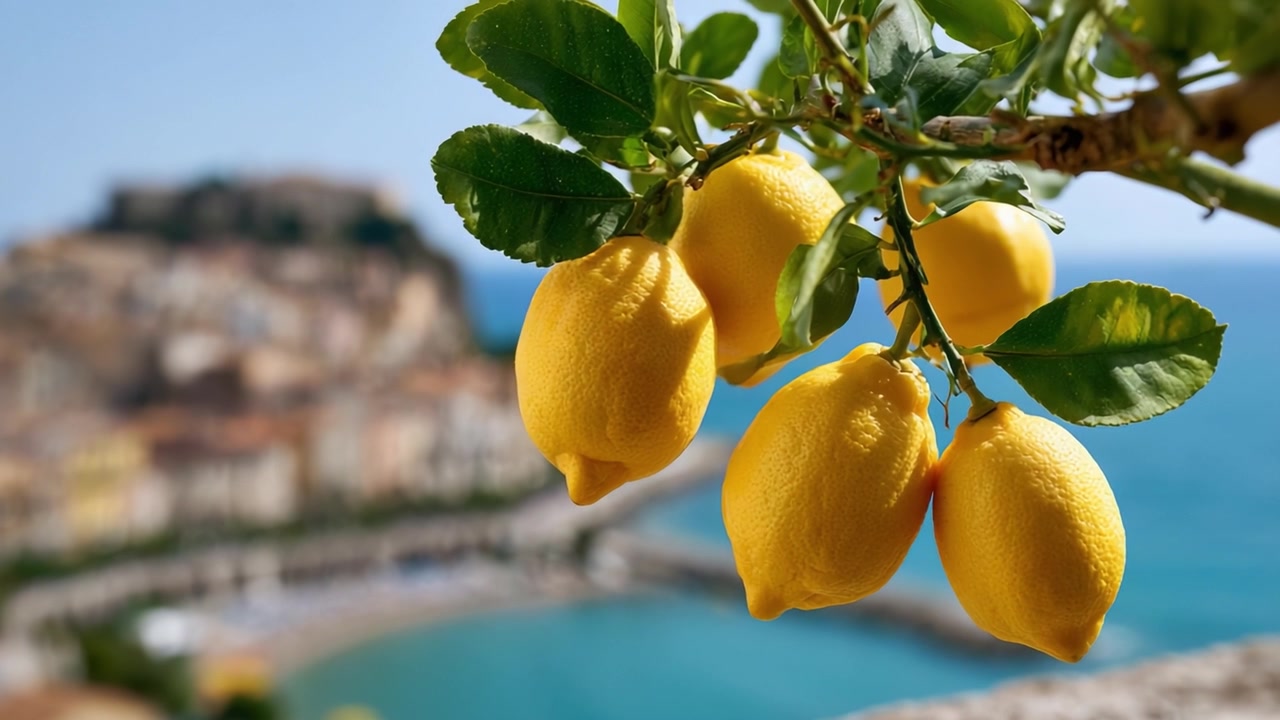 Limoni gialli vivaci appesi a un ramo d'albero con uno sfondo costiero panoramico che presenta un bellissimo mare blu e un'architettura affascinante.