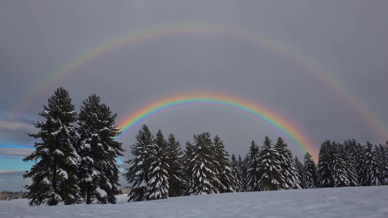 Wide-angle shot of snow-covered trees under a vibrant double rainbow, creating a serene winter