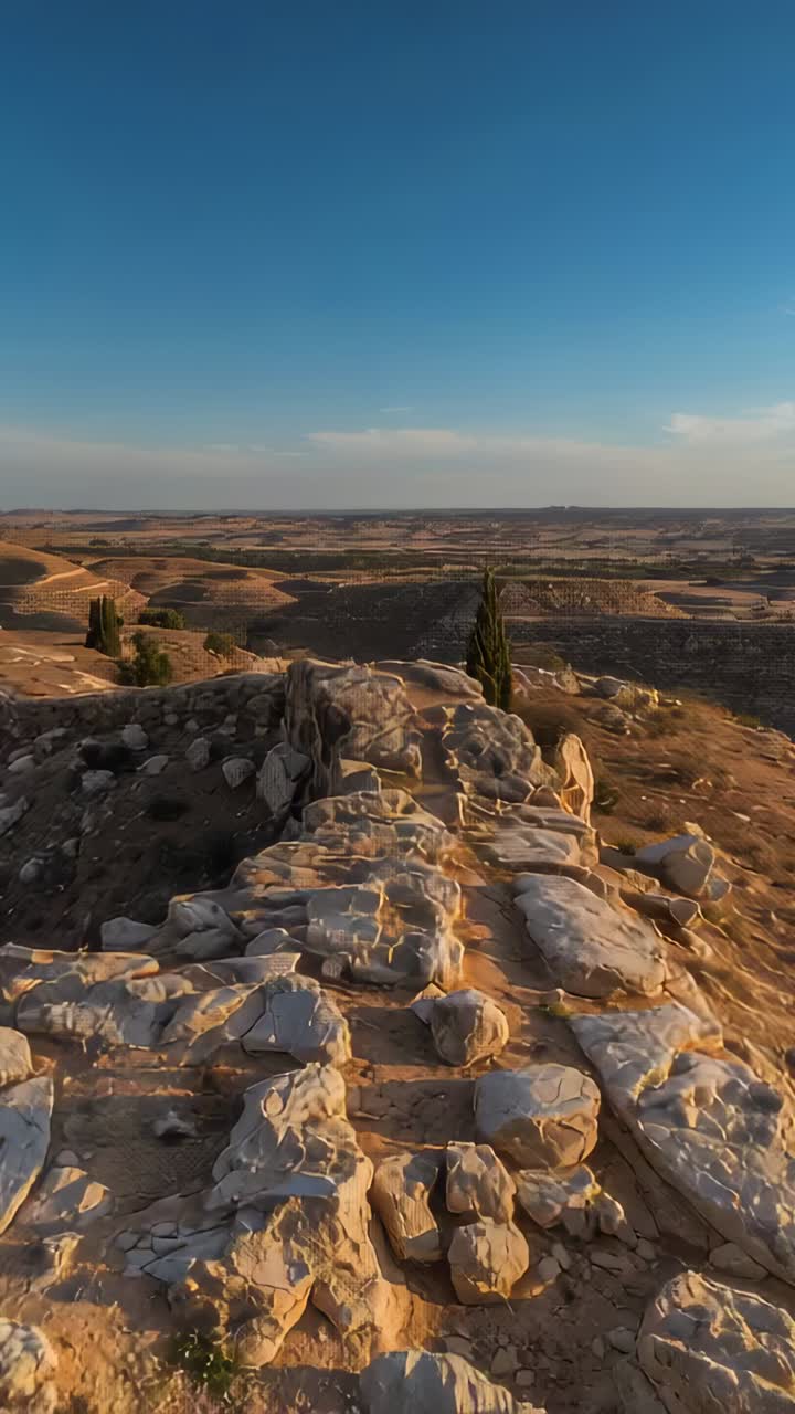 Vertical video: Appearing, hiker in dark jacket walking along ridge on dry hilltop near narrow tree