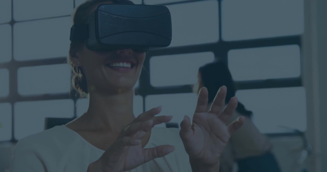 Animation of mathematical drawings and equations over schoolboy wearing vr headset