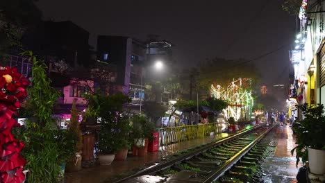 illuminated railway street with vibrant decorations