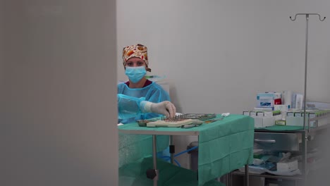dentists working around an operating table with dental implants equipment
