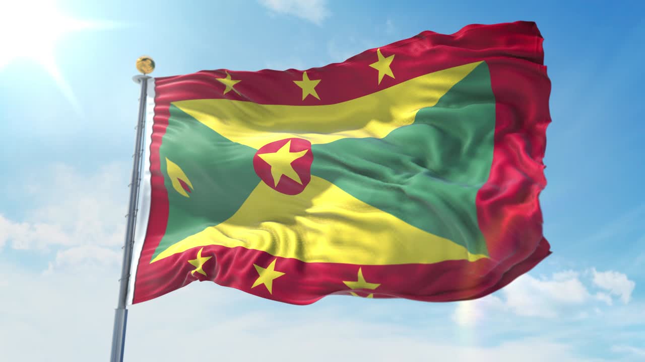 깊은 파란 하늘을 배경으로 바람에 흔들리는 그레나다 발, 국가 테마, 국제 개념, 3d 렌더링, 원활한 루프, 4k