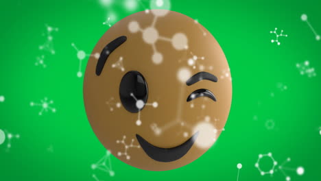 animación del icono de emoji feliz sobre las conexiones que caen sobre un fondo verde