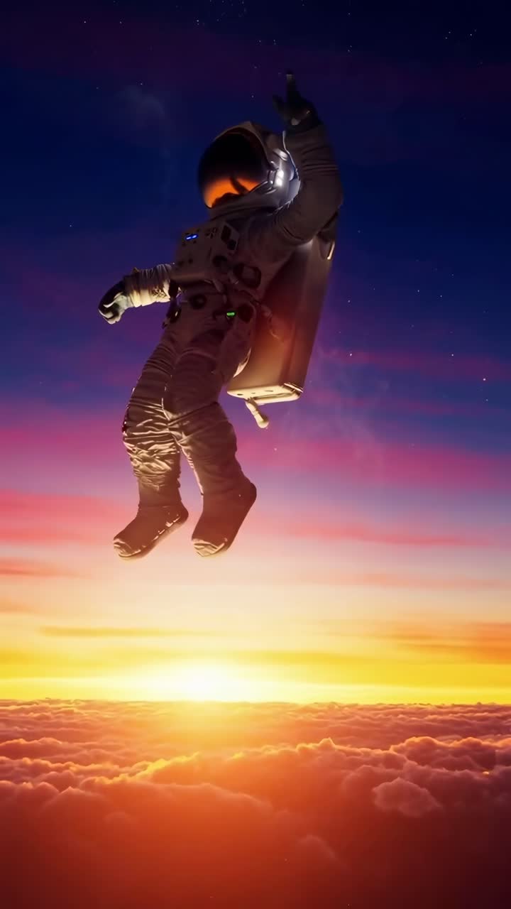 Astronauta che fluttua sopra le nuvole al tramonto, ripreso da un'angolazione bassa, video concept